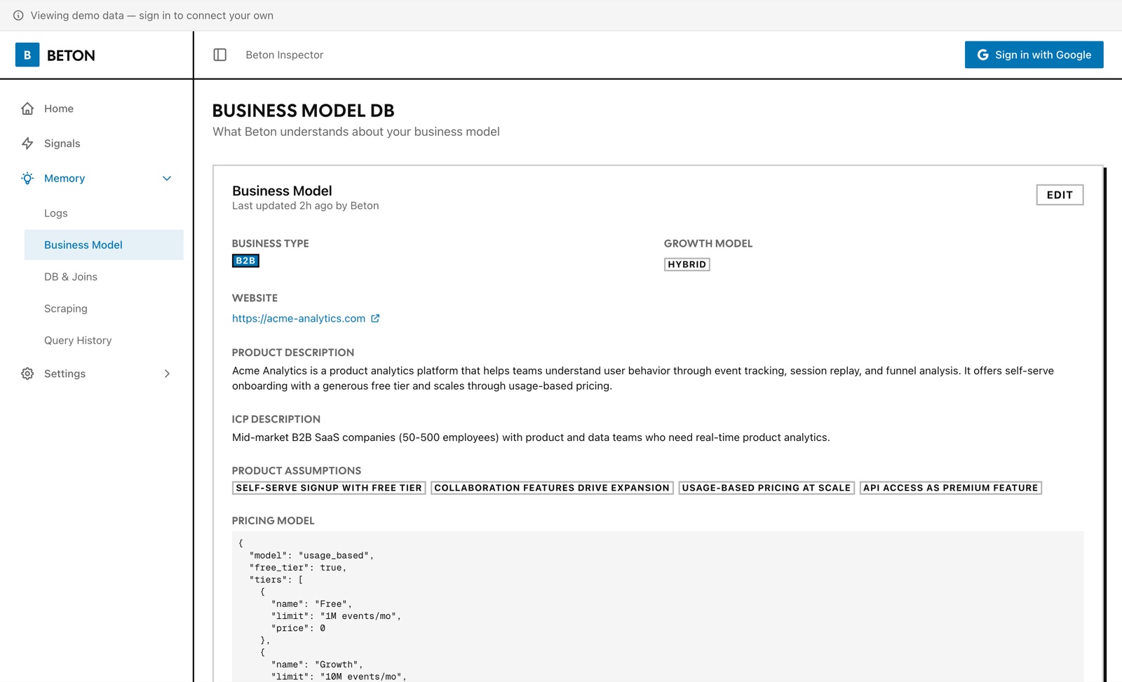 Business Model DB page showing the agent-inferred business type, growth model, ICP, and product assumptions